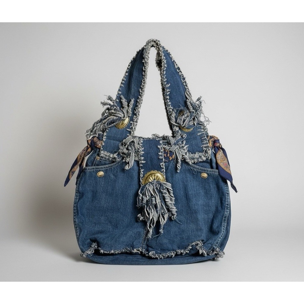Vintage Upcycled Denim Tote Bag Oscar de‎ la Renta Logo Boho Hobo Style